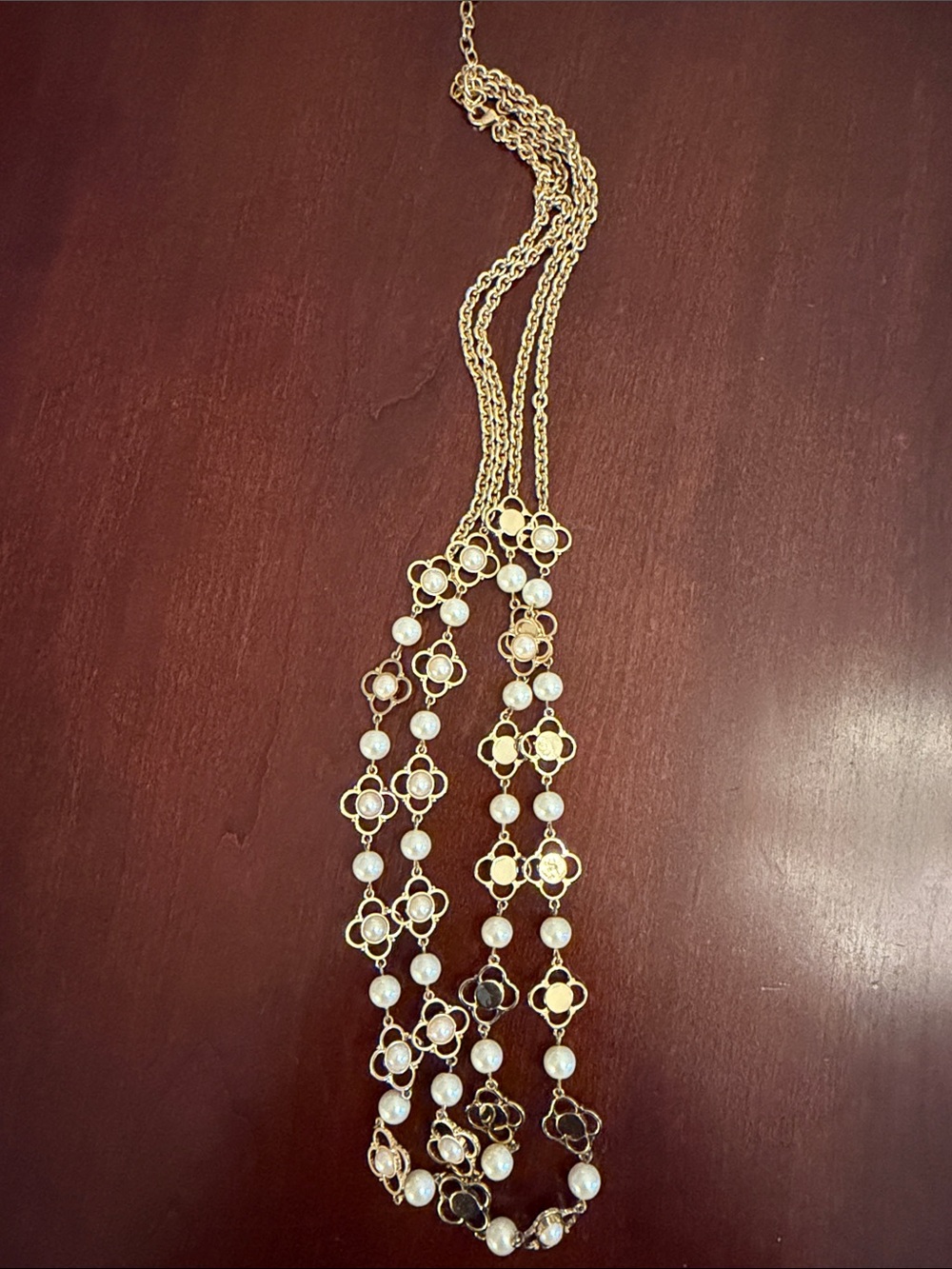 Talbots Gold-Tone Floral & Pearl Two-Strand Long Layering Necklace